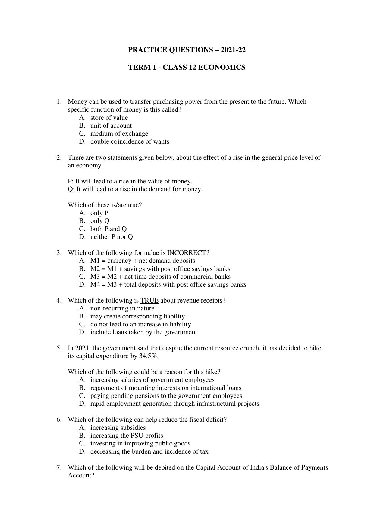 CBSE Class 12 Economics Term 1 Practice Questions 2021-22 - Page 1