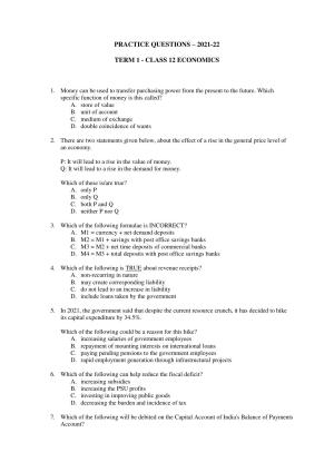 CBSE Class 12 Economics Term 1 Practice Questions 2021-22