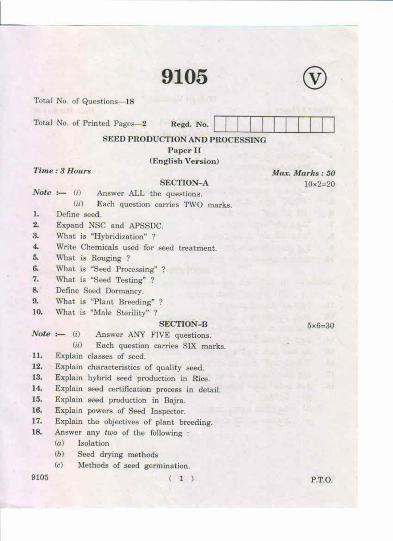 AP Inter 2nd Year Seed Production and Processing-II May-2019-Vocational Question Paper - Page 1
