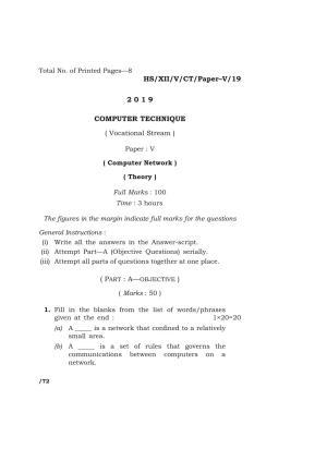 Meghalaya Board (MBOSE) Class 10 COMPUTER TECHNIQUE ( Vocational Stream ) Paper : V ( Computer Network ) 2019 Question Paper