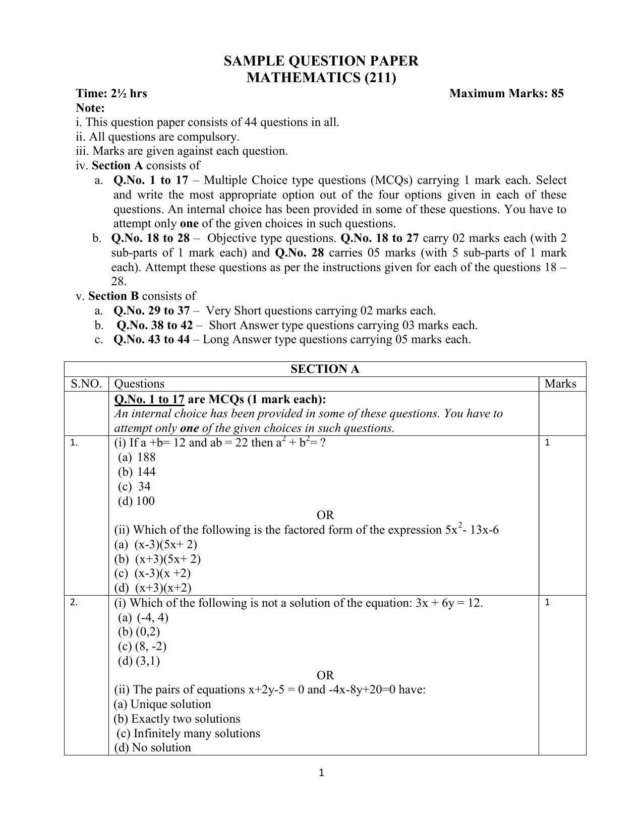 NIOS Class 10 Mathematics (211) Sample Paper - Page 1