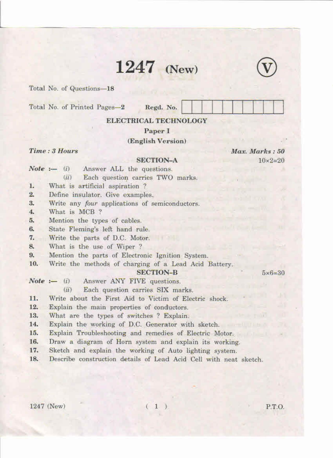 AP Inter 1st Year Electrical Technology-I (New) May-2019-Vocational Question Paper - Page 1