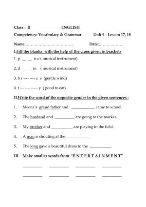 Worksheet for Class 2 English Assignment 33 Lesson 17 and 18