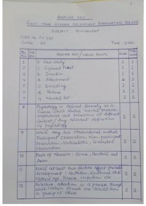 Kerala Plus One (Class 11th) Psychology Answer Key 2021