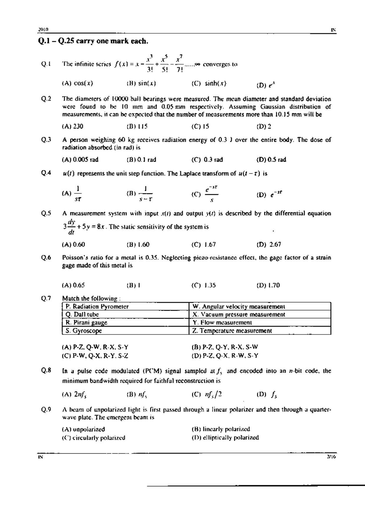 GATE 2010 Instrumentation Engineering (IN) Question Paper with Answer Key - Page 2