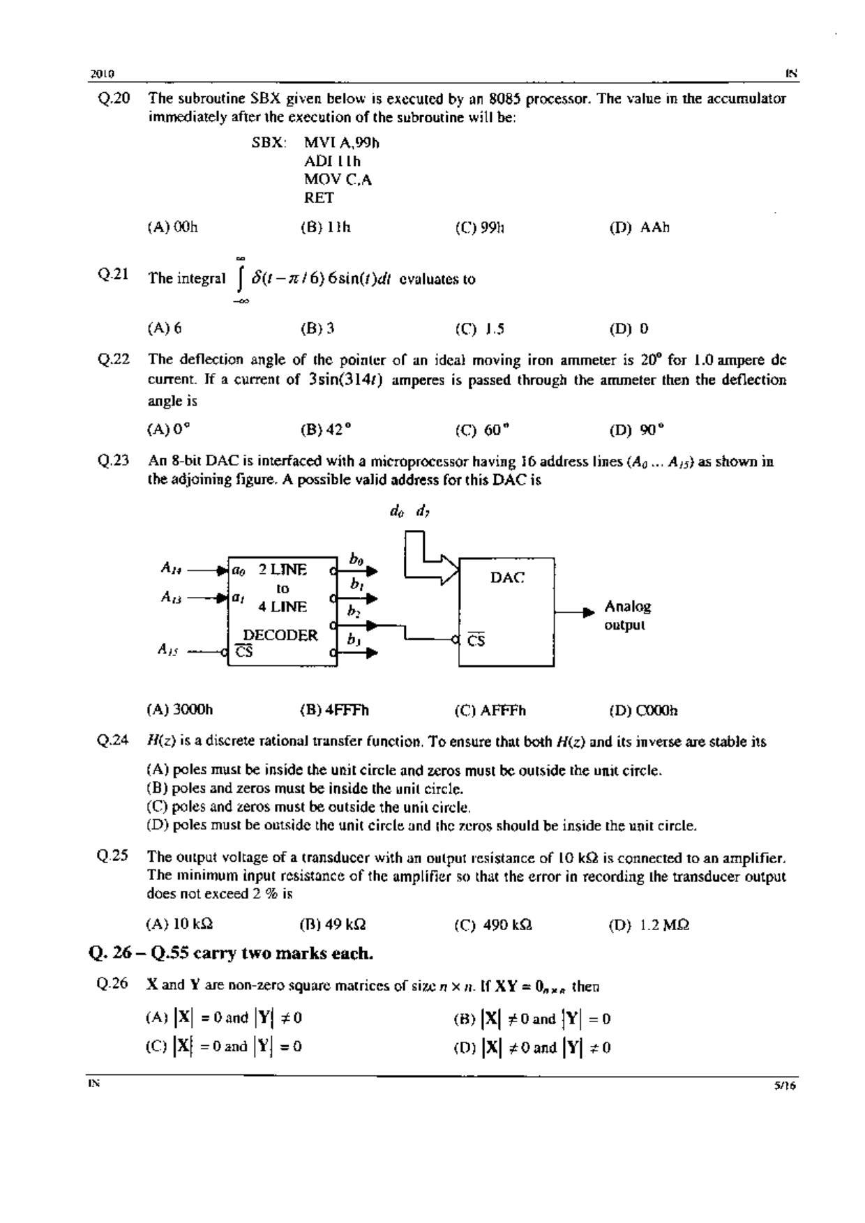 GATE 2010 Instrumentation Engineering (IN) Question Paper with Answer Key - Page 5