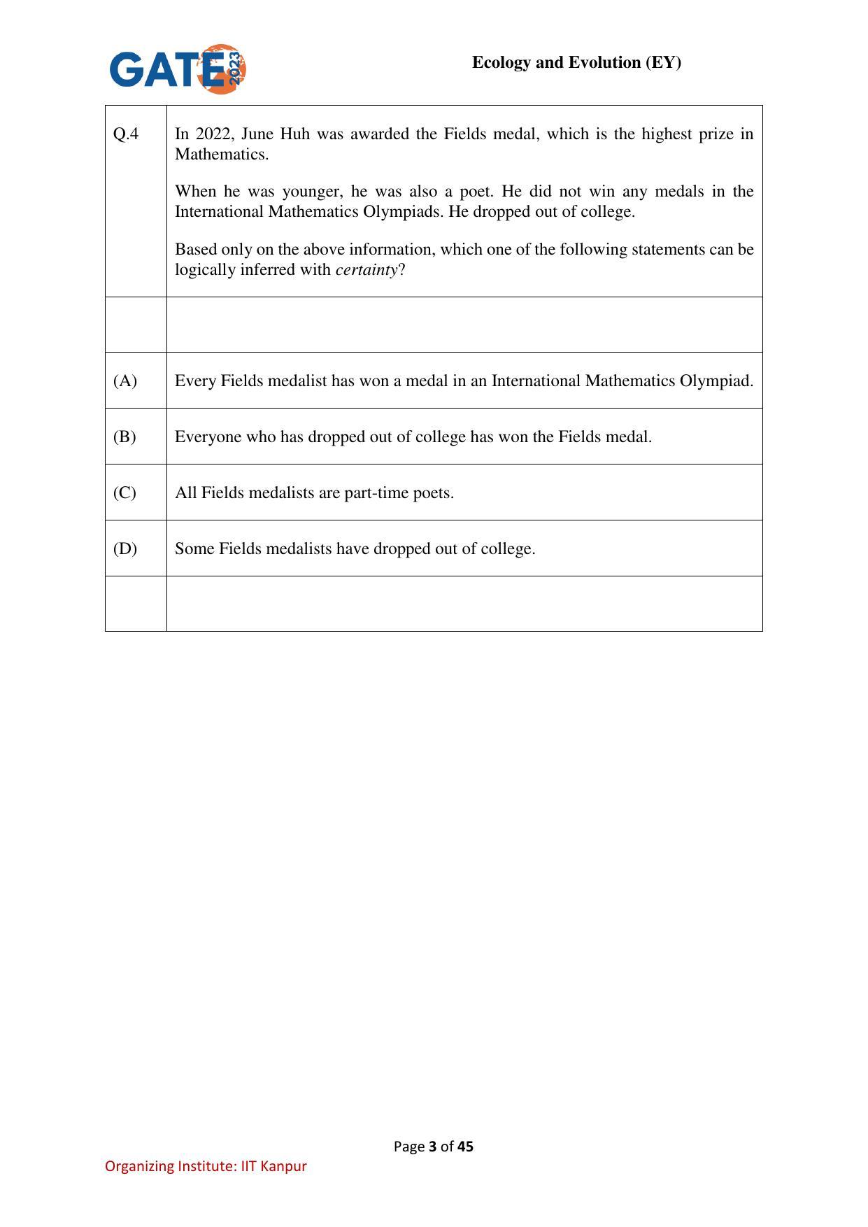 GATE 2023 Ecology and Evolution (EY) Question Paper - Page 3