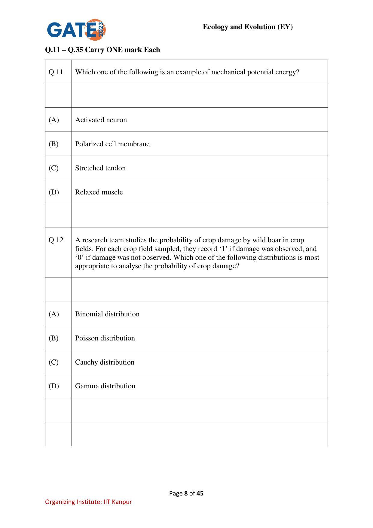 GATE 2023 Ecology and Evolution (EY) Question Paper - Page 8