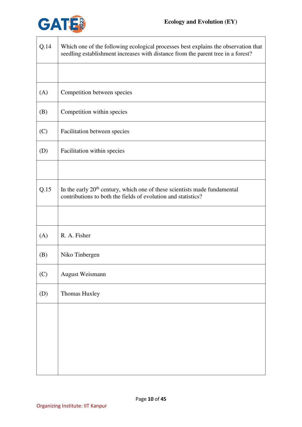 GATE 2023 Ecology and Evolution (EY) Question Paper - Page 10