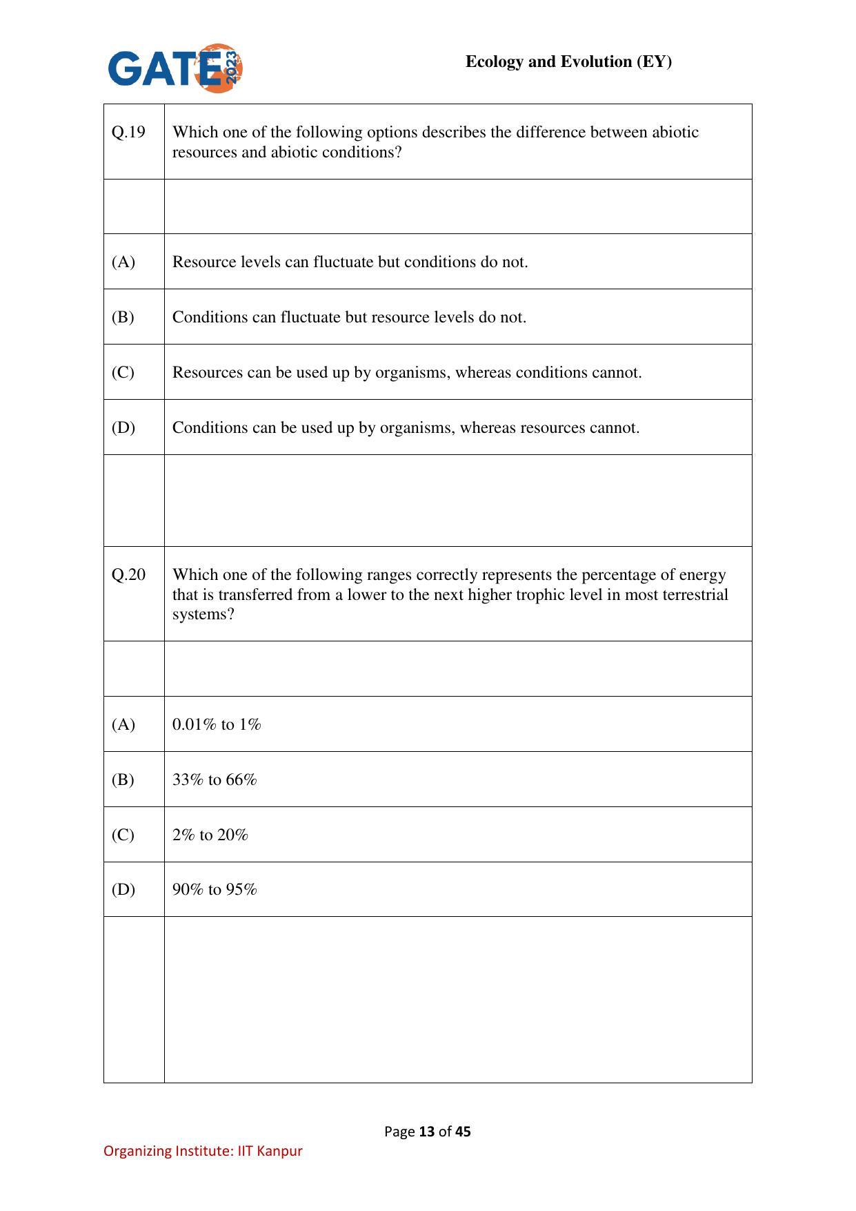 GATE 2023 Ecology and Evolution (EY) Question Paper - Page 13