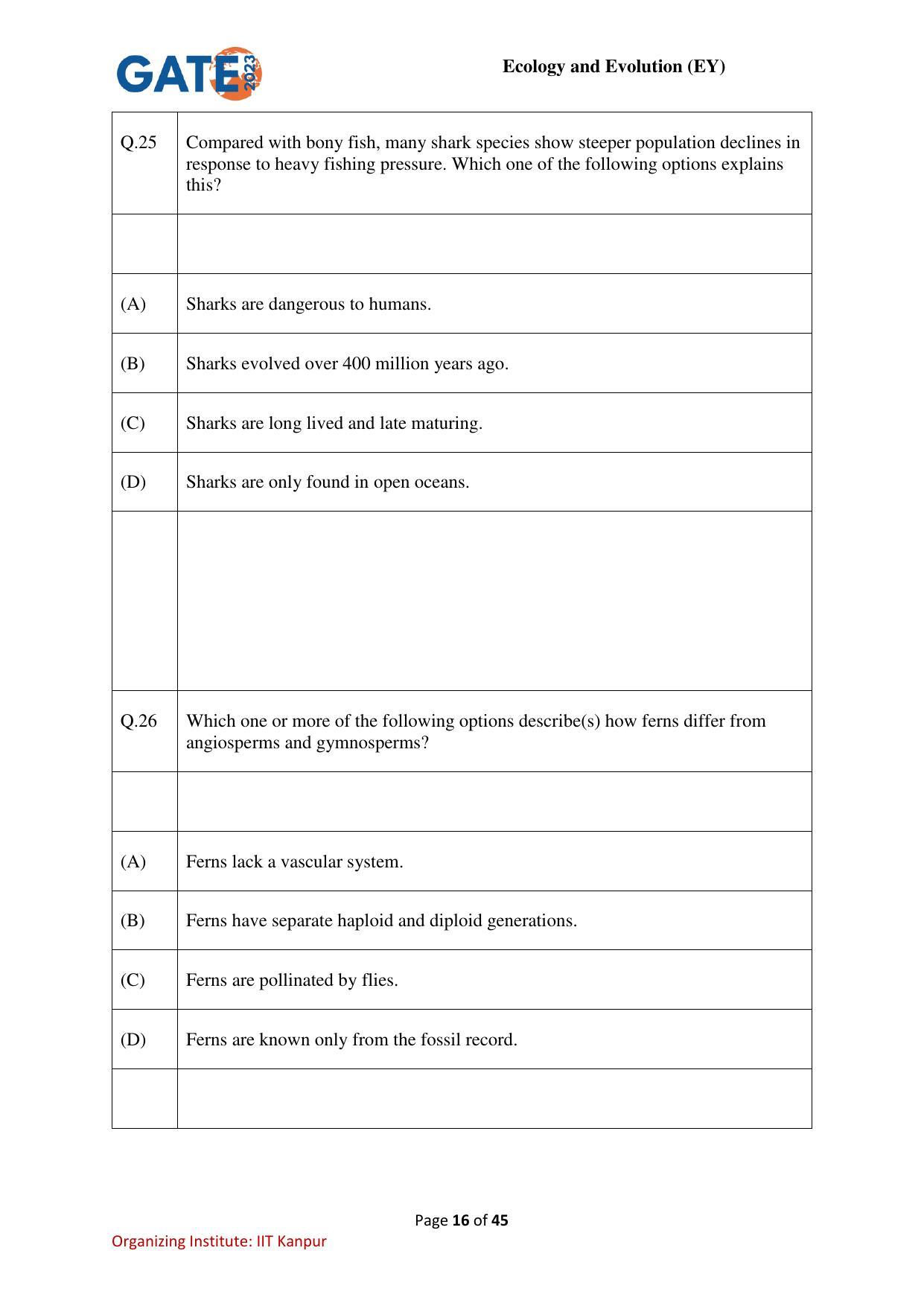 GATE 2023 Ecology and Evolution (EY) Question Paper - Page 16