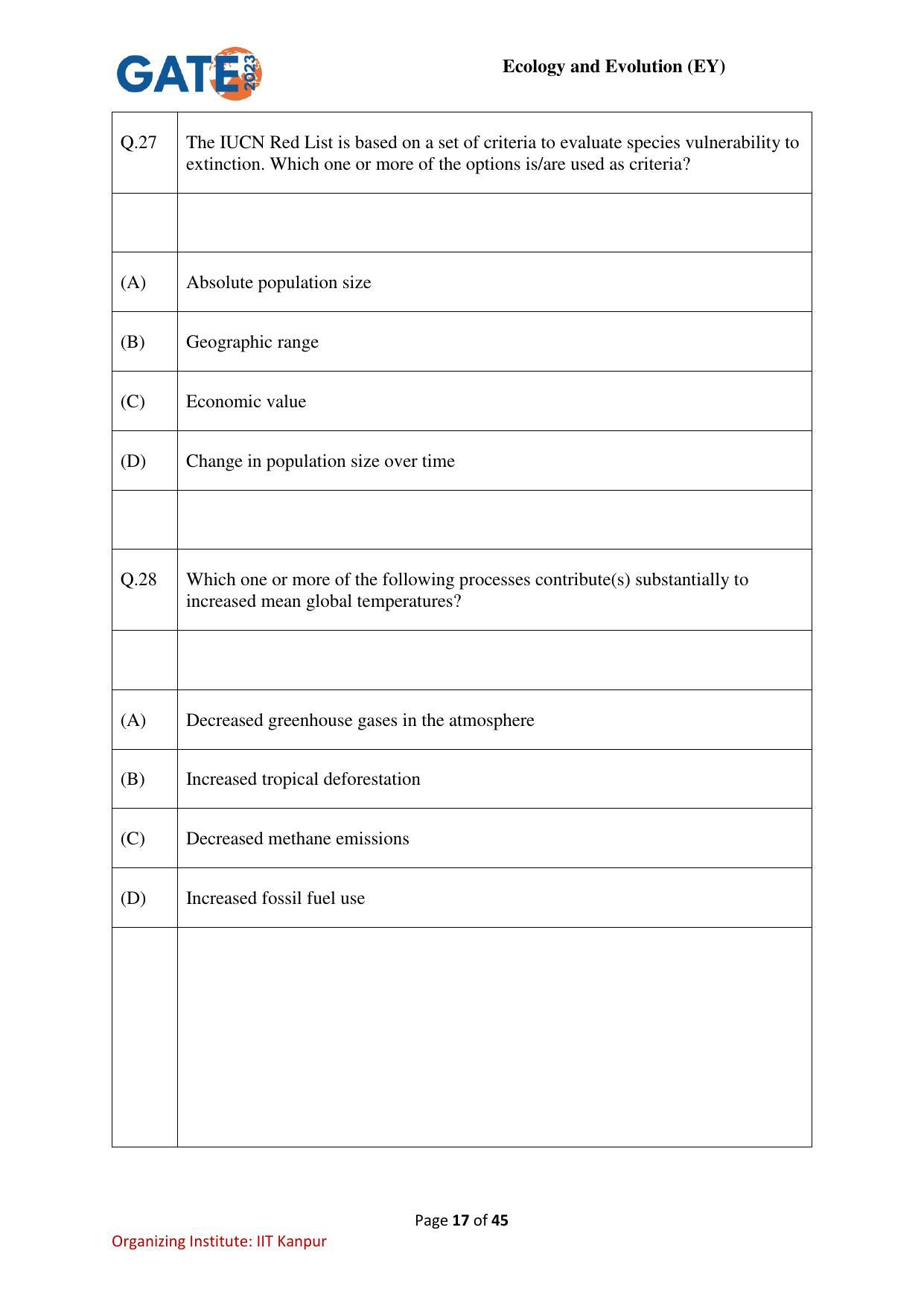 GATE 2023 Ecology and Evolution (EY) Question Paper - Page 17