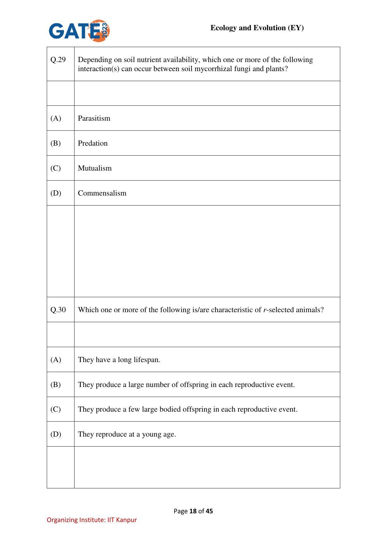 GATE 2023 Ecology and Evolution (EY) Question Paper - Page 18
