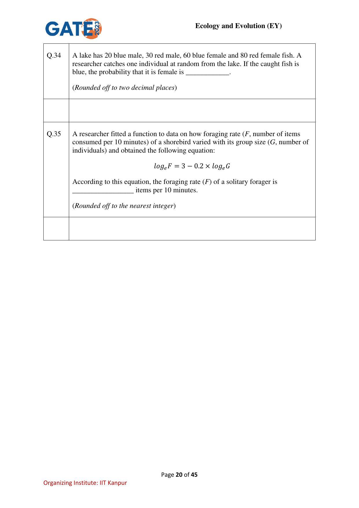 GATE 2023 Ecology and Evolution (EY) Question Paper - Page 20