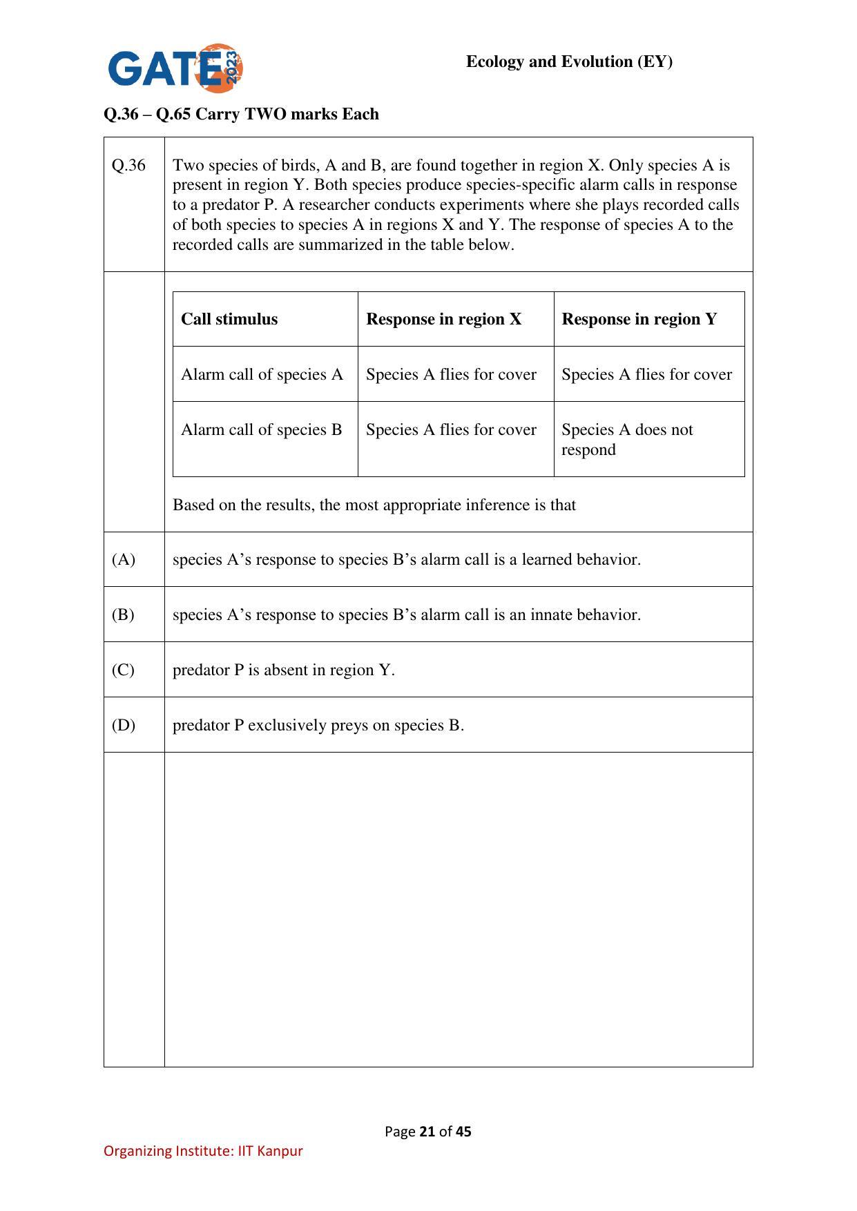 GATE 2023 Ecology and Evolution (EY) Question Paper - Page 21