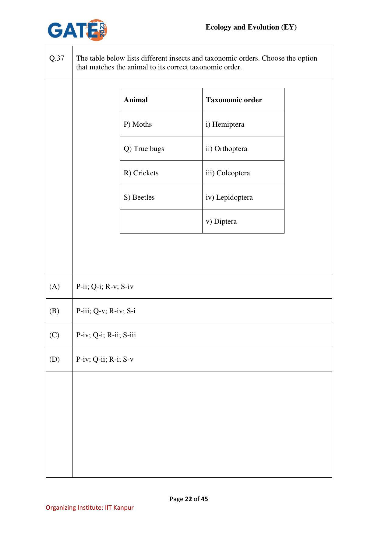 GATE 2023 Ecology and Evolution (EY) Question Paper - Page 22
