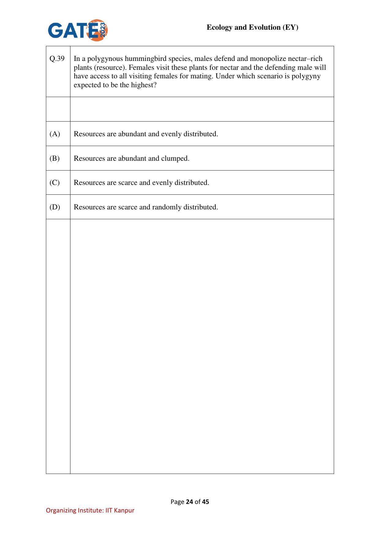 GATE 2023 Ecology and Evolution (EY) Question Paper - Page 24