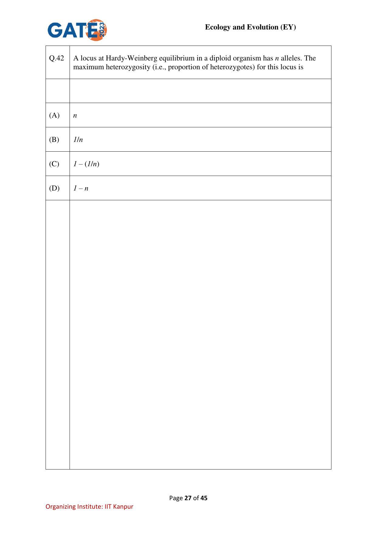 GATE 2023 Ecology and Evolution (EY) Question Paper - Page 27