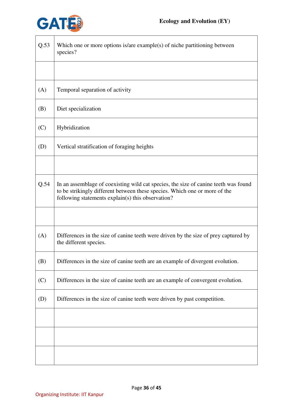 GATE 2023 Ecology and Evolution (EY) Question Paper - Page 36