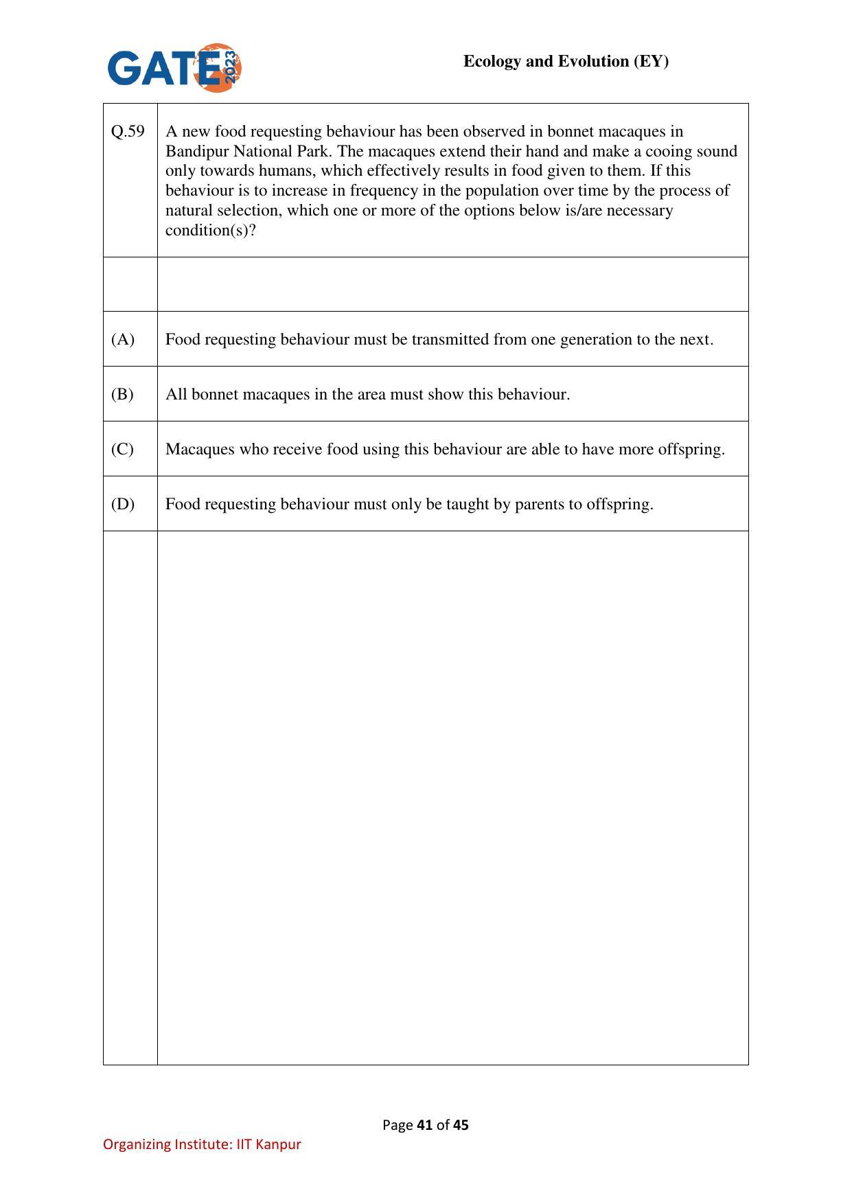 GATE 2023 Ecology and Evolution (EY) Question Paper - Page 41
