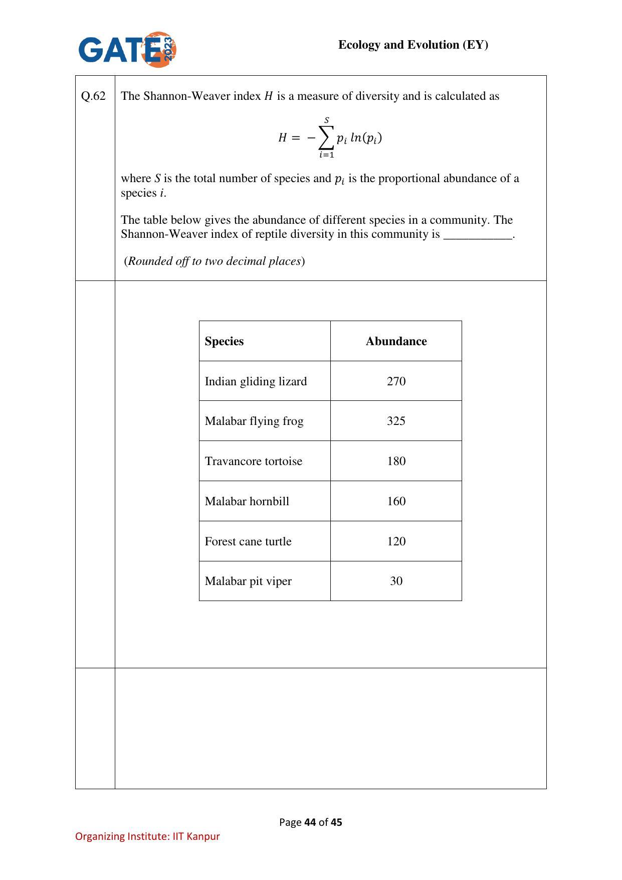 GATE 2023 Ecology and Evolution (EY) Question Paper - Page 44