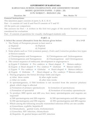 Karnataka II PUC Biology Model Question Paper III 2025