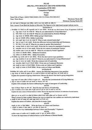 Bilaspur University Question Paper June 2022: M.A. Psychology (Second Semester) Group Processes And Cultural Psychology Paper 1
