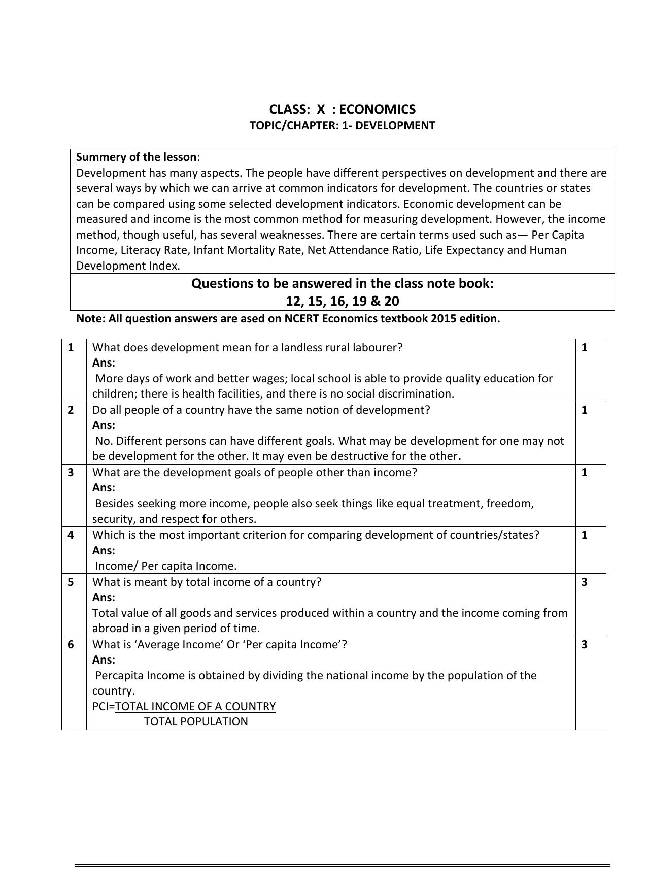 CBSE Worksheets for Class 10 Social Science Development Assignment - Page 1