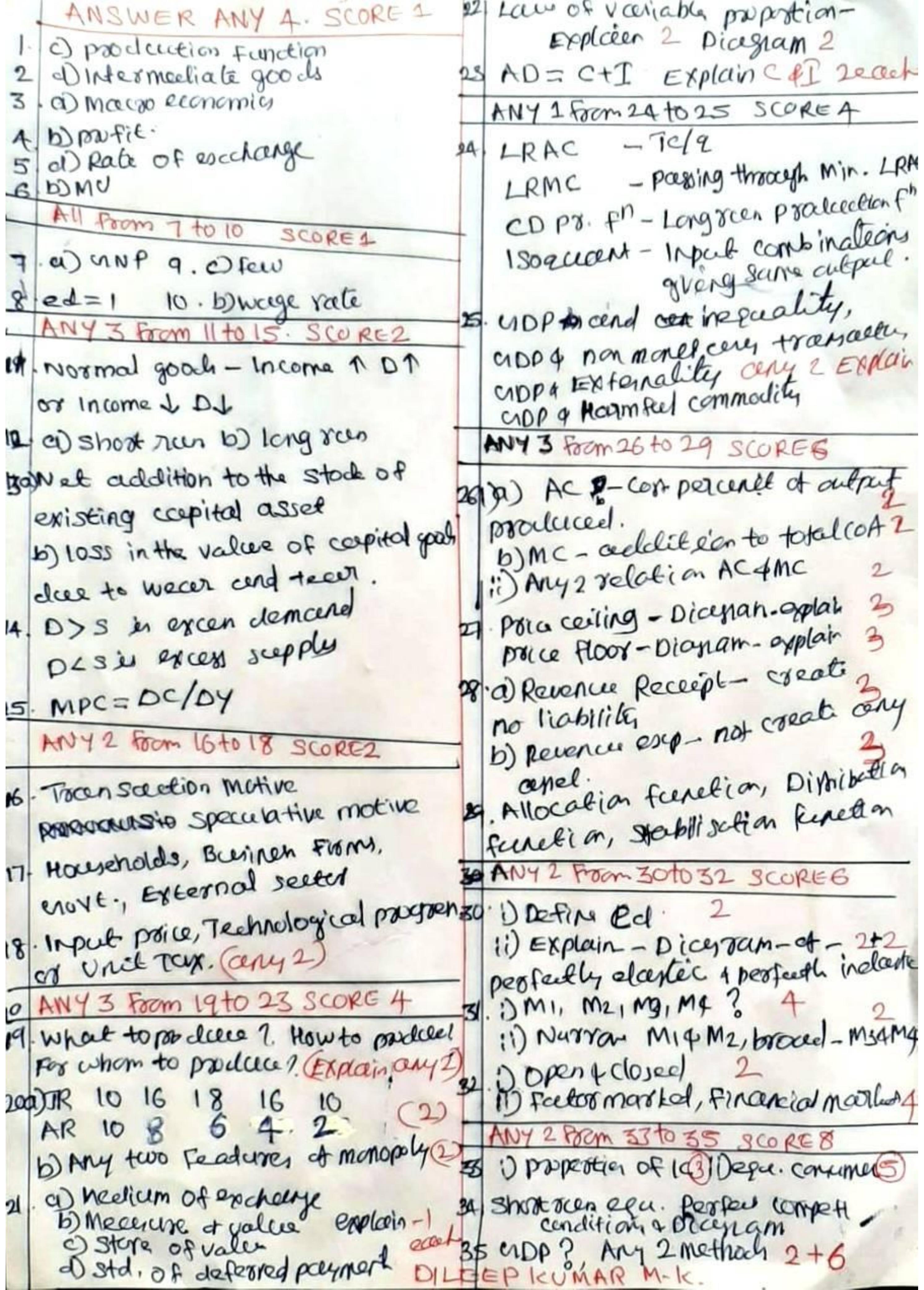 Kerala Plus Two 2022 Economics Model Answer Key - Page 1