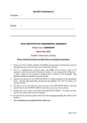 TIFR GS 2021 Chemistry Question Paper