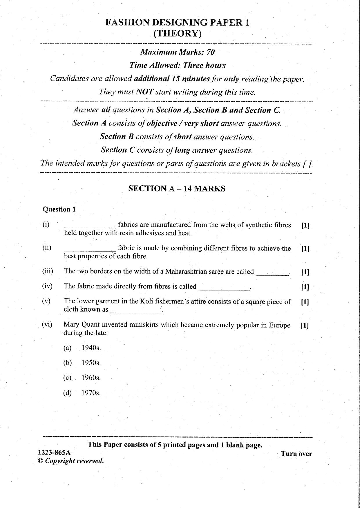 ISC Class 12 Fashion Designing 2023 Question Paper - Page 1