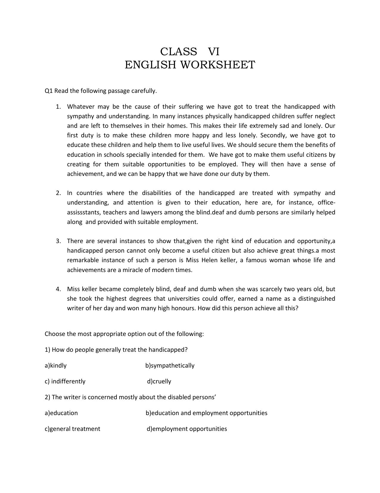 CBSE Worksheets for Class 6 English Practice Assignment 14 - Page 1