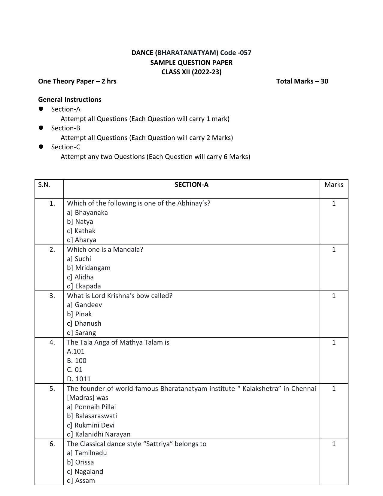 CBSE Class 12 Bharatanatyam Sample Paper 2023 - Page 1