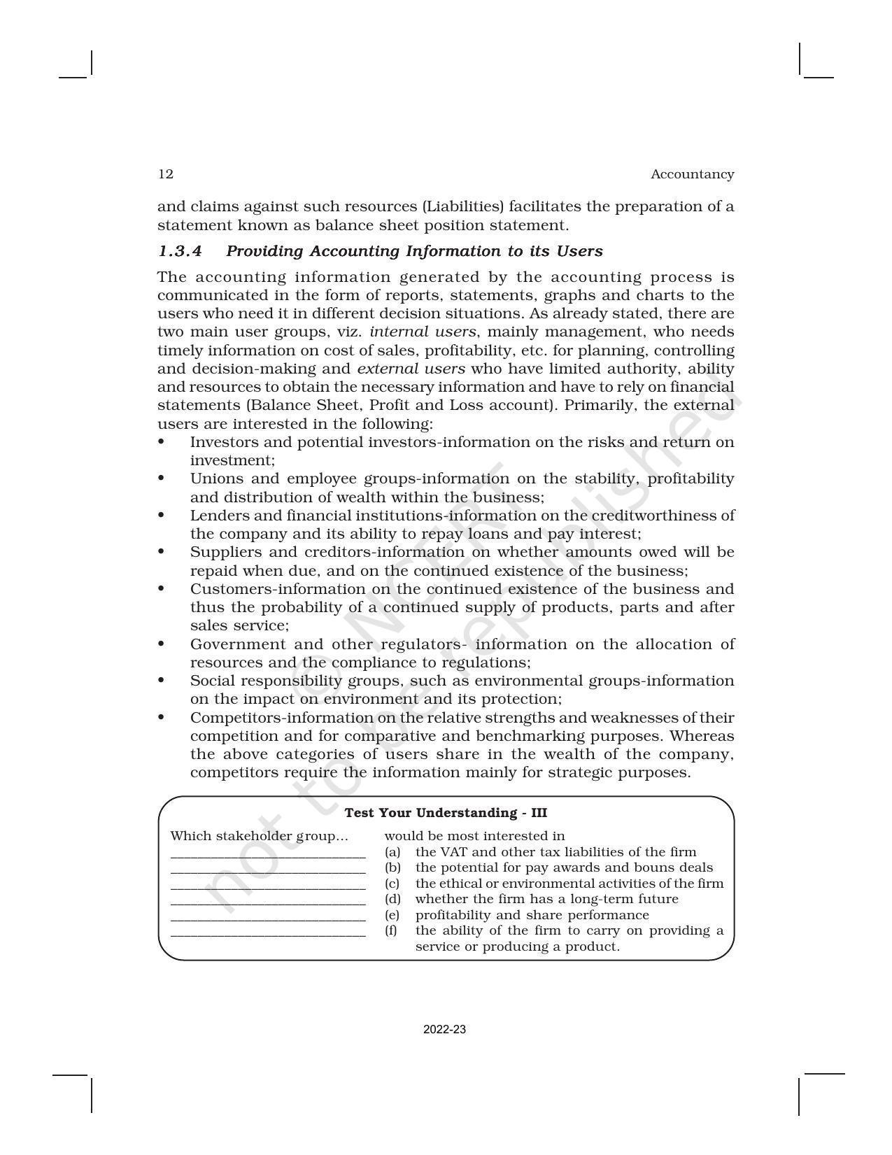NCERT Book for Class 11 Accountancy (Part-I) Chapter 1 Introduction to Accounting - Page 12