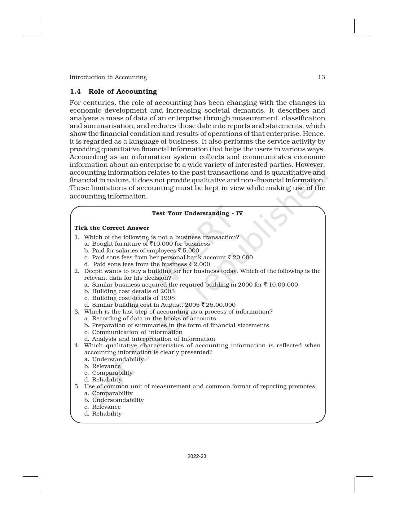 NCERT Book for Class 11 Accountancy (Part-I) Chapter 1 Introduction to Accounting - Page 13