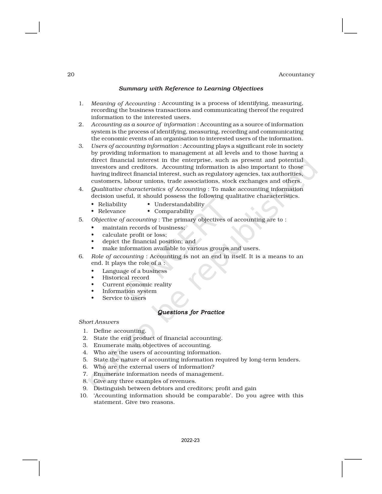 NCERT Book for Class 11 Accountancy (Part-I) Chapter 1 Introduction to Accounting - Page 20