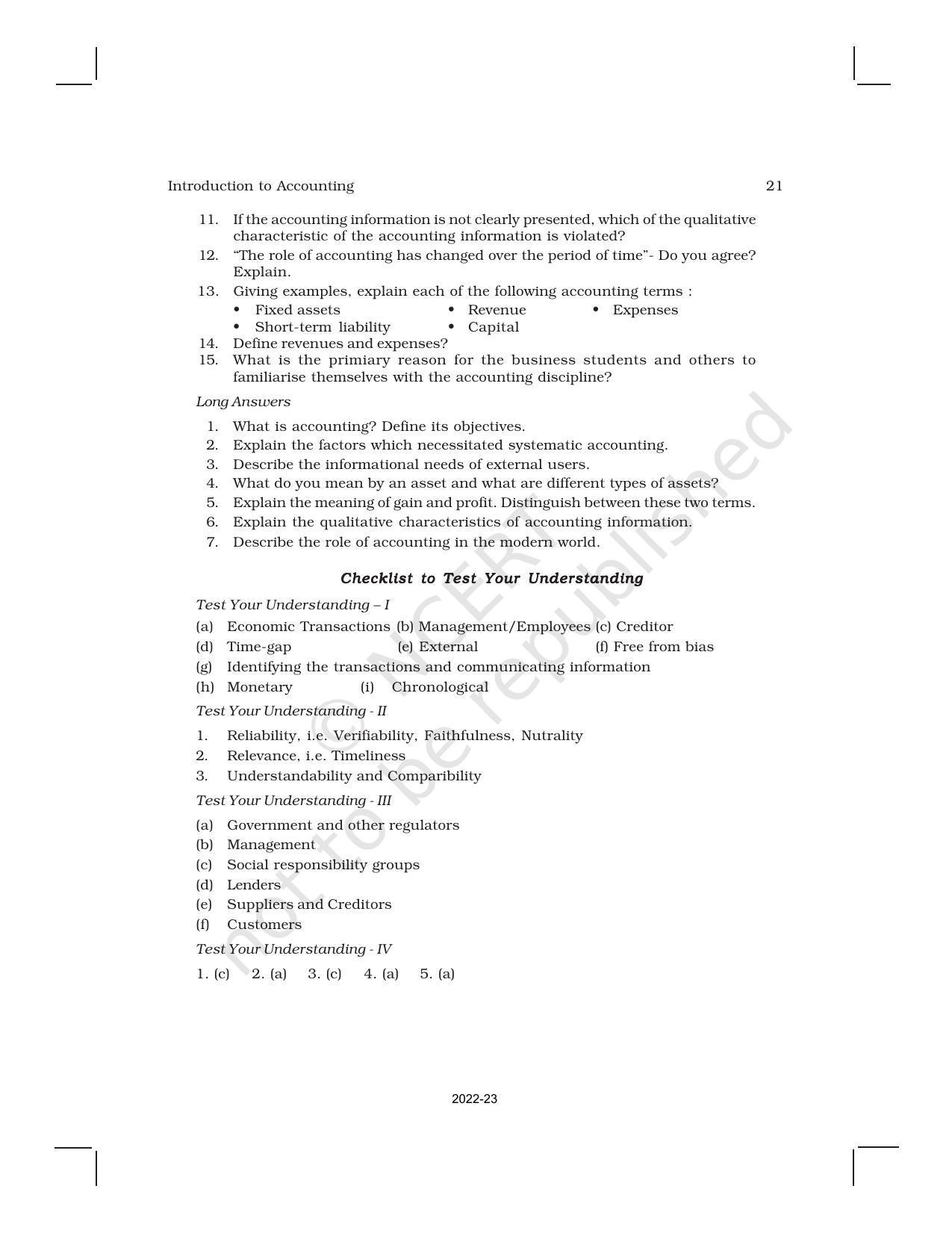 NCERT Book for Class 11 Accountancy (Part-I) Chapter 1 Introduction to Accounting - Page 21