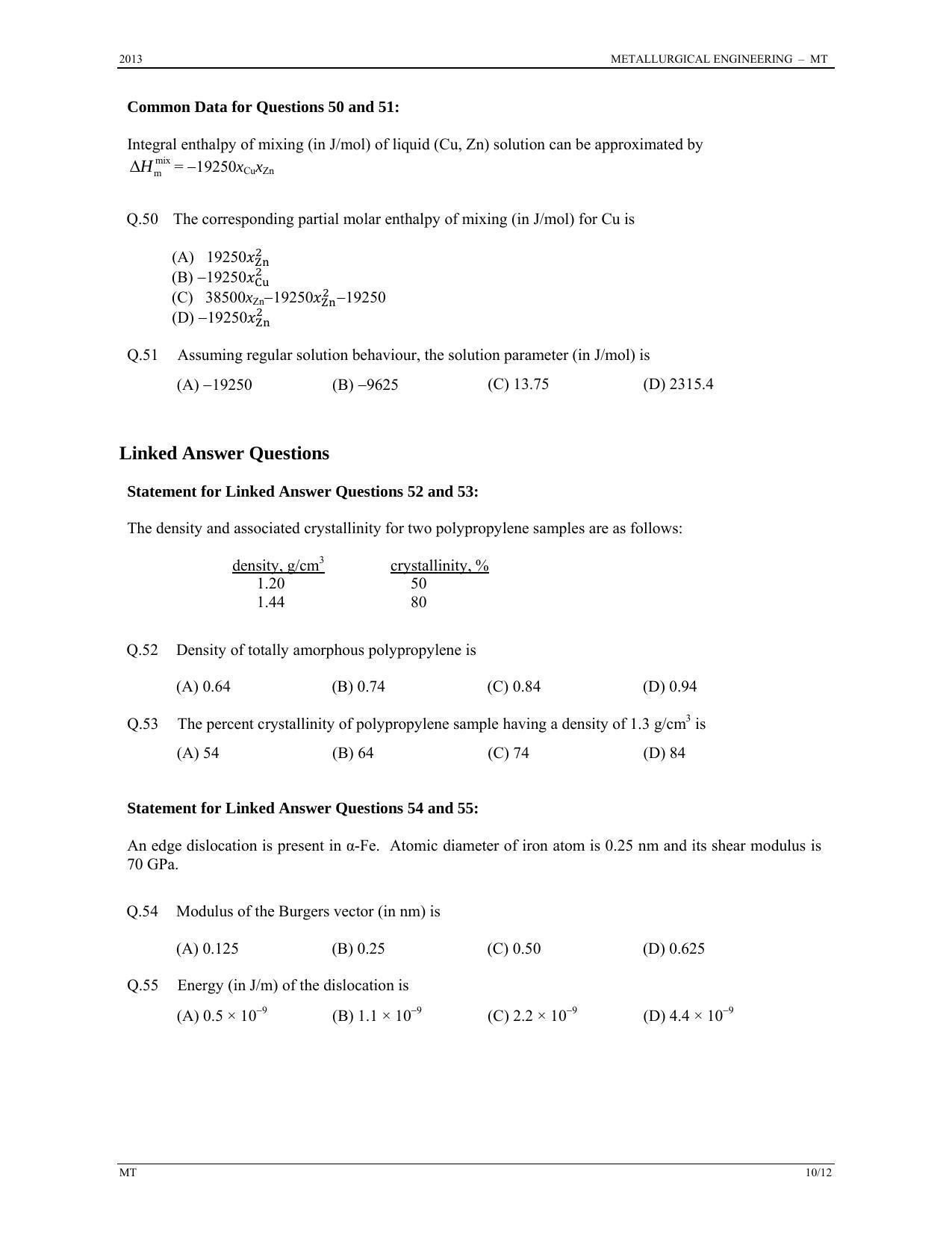 GATE 2013 Metallurgical Engineering (MT) Question Paper with Answer Key - Page 10
