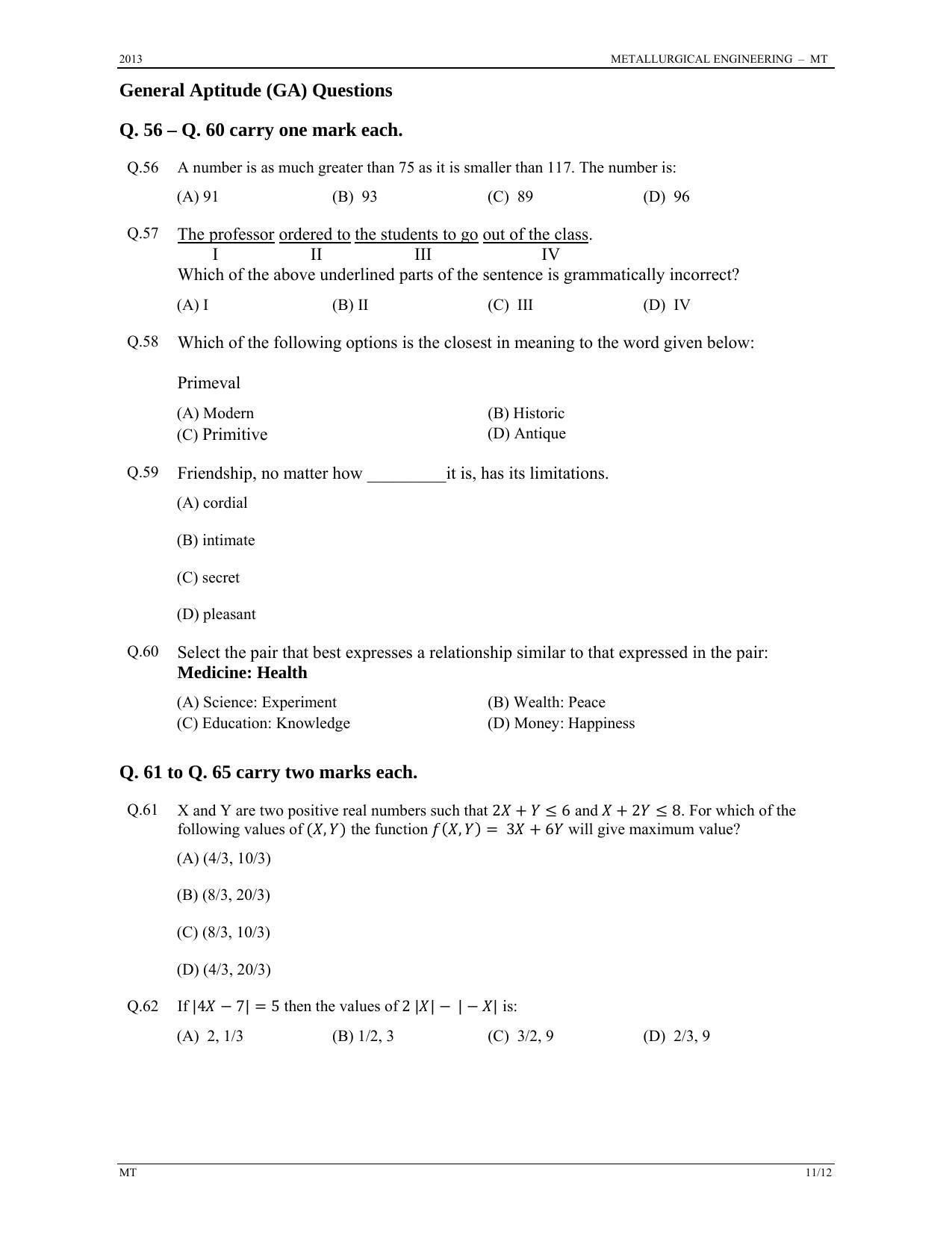 GATE 2013 Metallurgical Engineering (MT) Question Paper with Answer Key - Page 11