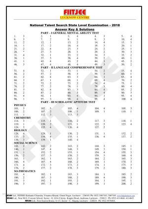 Uttar Pradesh NTSE 2018 SAT, MAT & Lang Answer Key