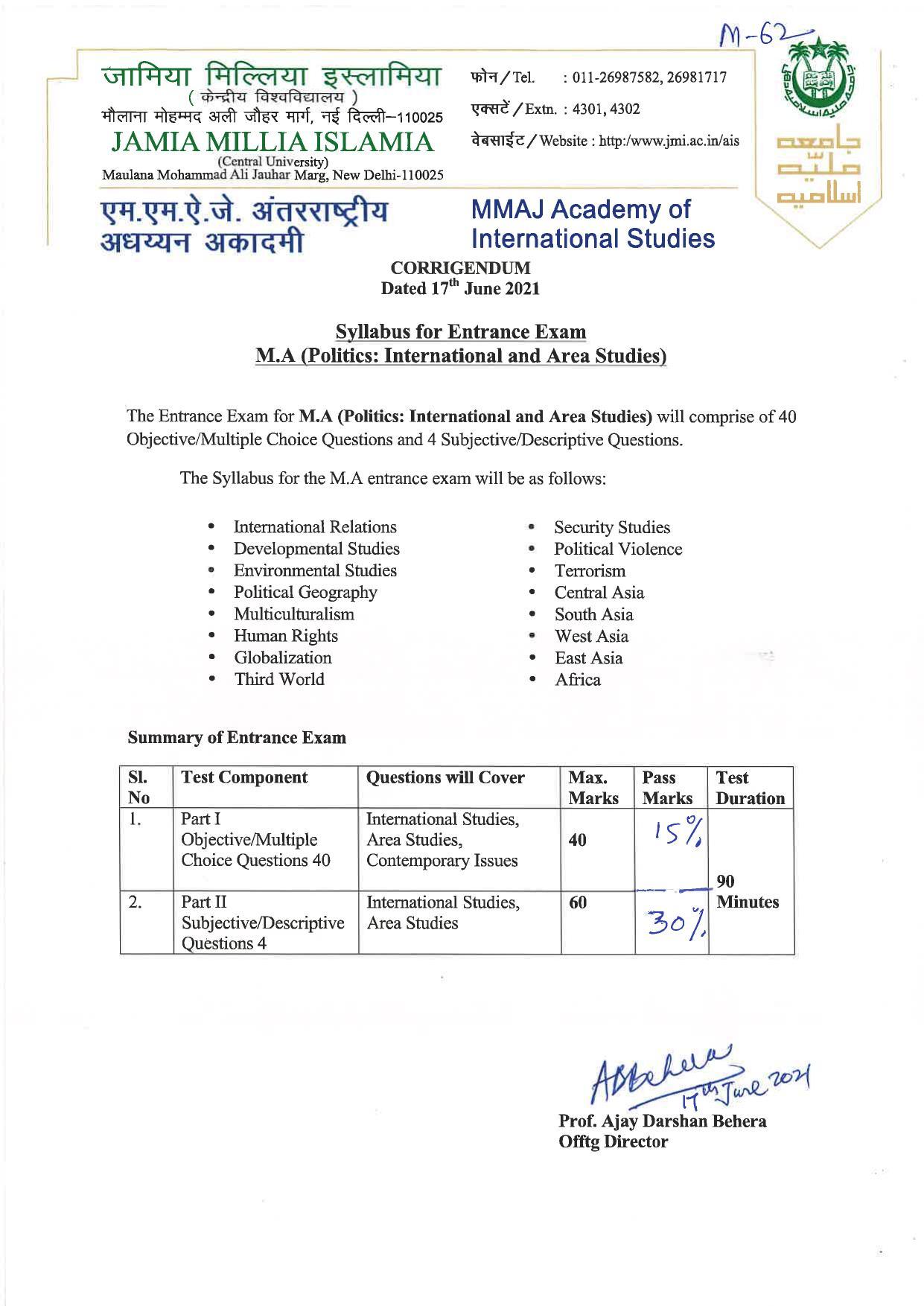 JMI Entrance Exam M62-M.A. (Politics: International & Area Studies) Syllabus - Page 1