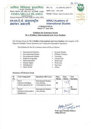 JMI Entrance Exam M62-M.A. (Politics: International & Area Studies) Syllabus