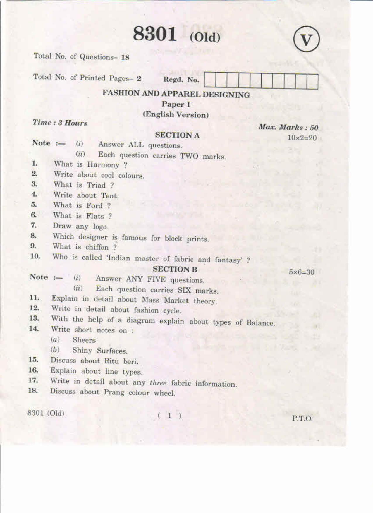 AP Inter 1st Year Fashion and Apparel Designing-I (Old) May-2019-Vocational Question Paper - Page 1