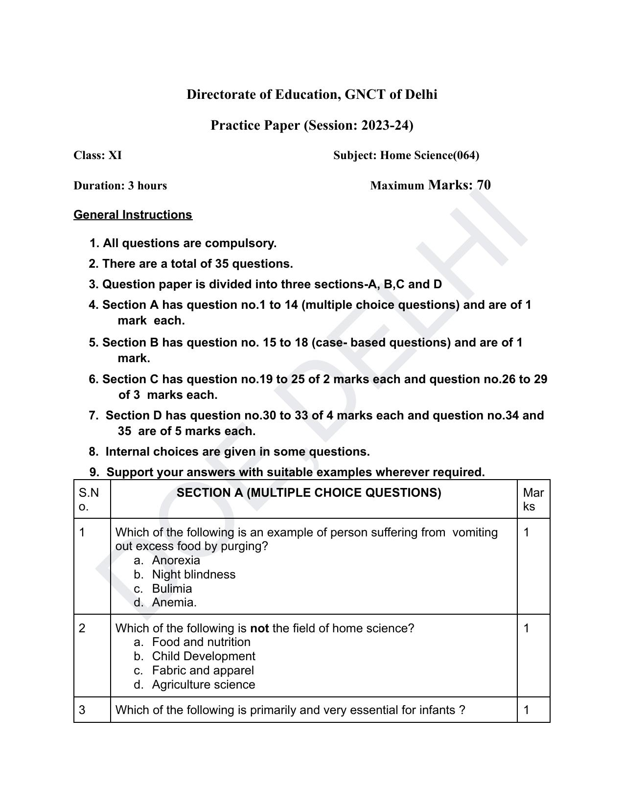 Edudel Class 11 Home Science (English) Practice Papers-1 (2023-24) - Page 1