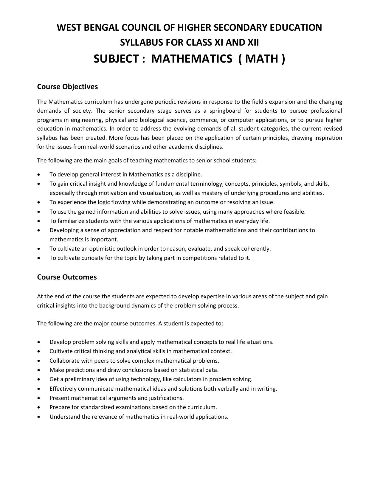 WBCHSE Class 11 & 12 Syllabus for Mathematics (MATH) (SET I) - Page 1