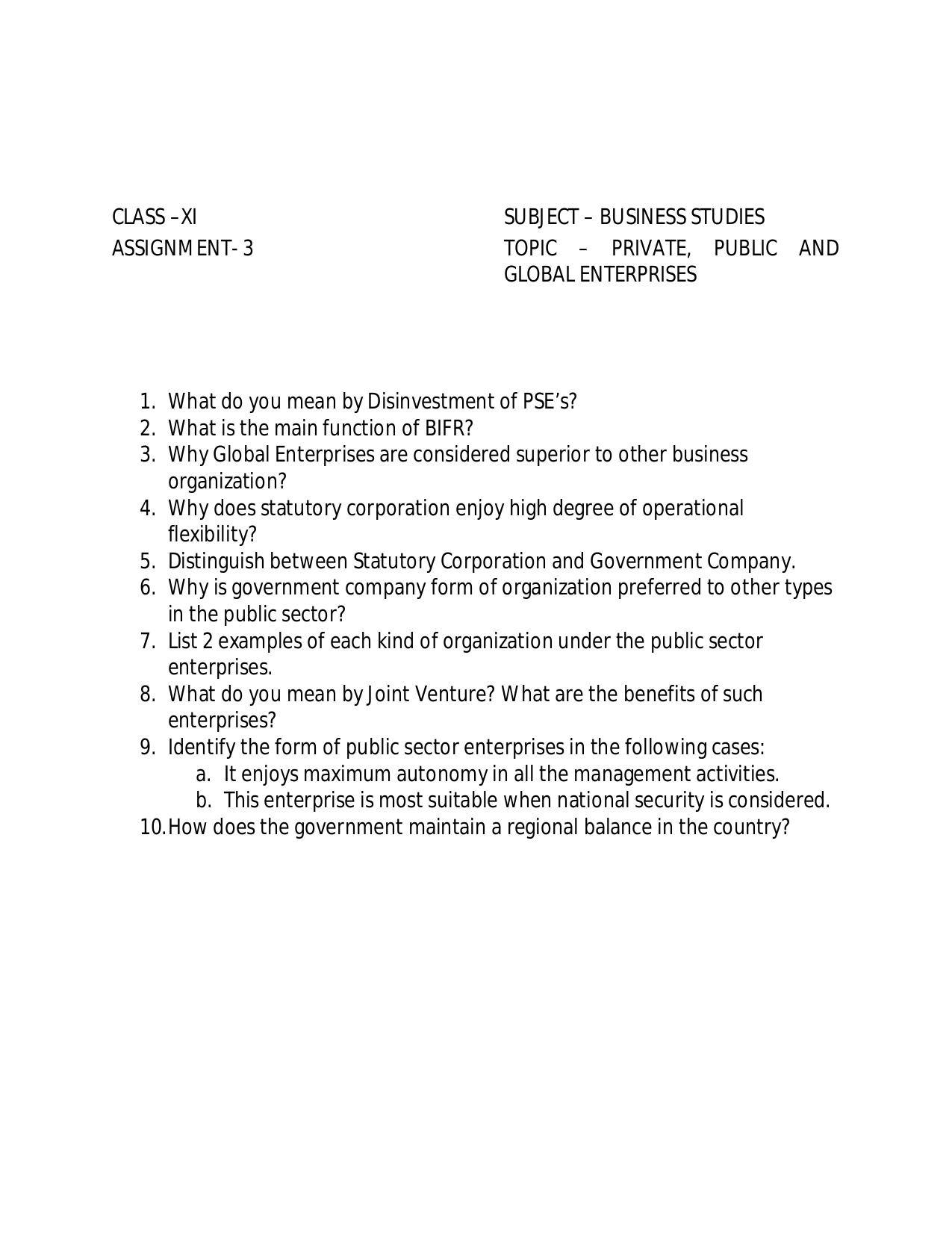 CBSE Worksheets for Class 11 Business Studies Assignment 11 - Page 1
