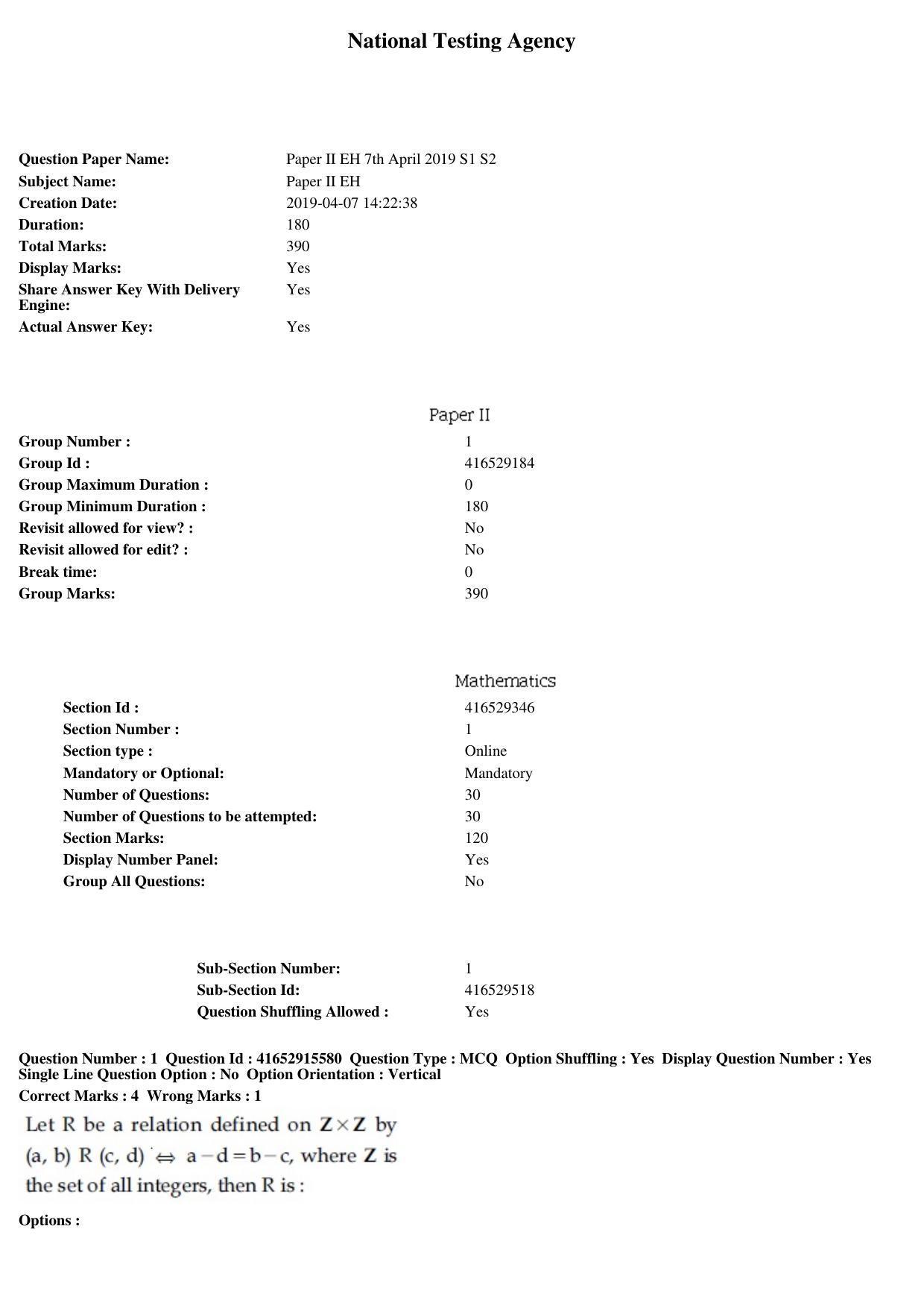 JEE Main 2019 Paper II Question Paper (7th April 2019 Shift 1) - Page 1