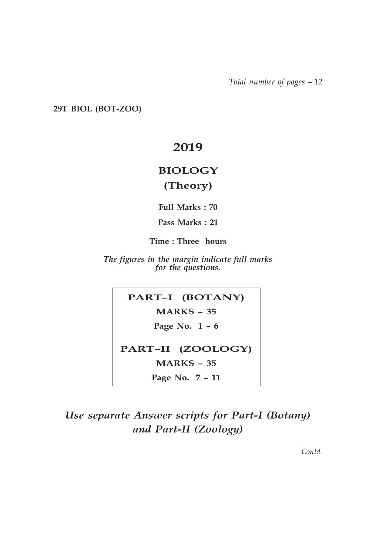 Assam HS 2nd Year Biology 2019 Question Paper - Page 1