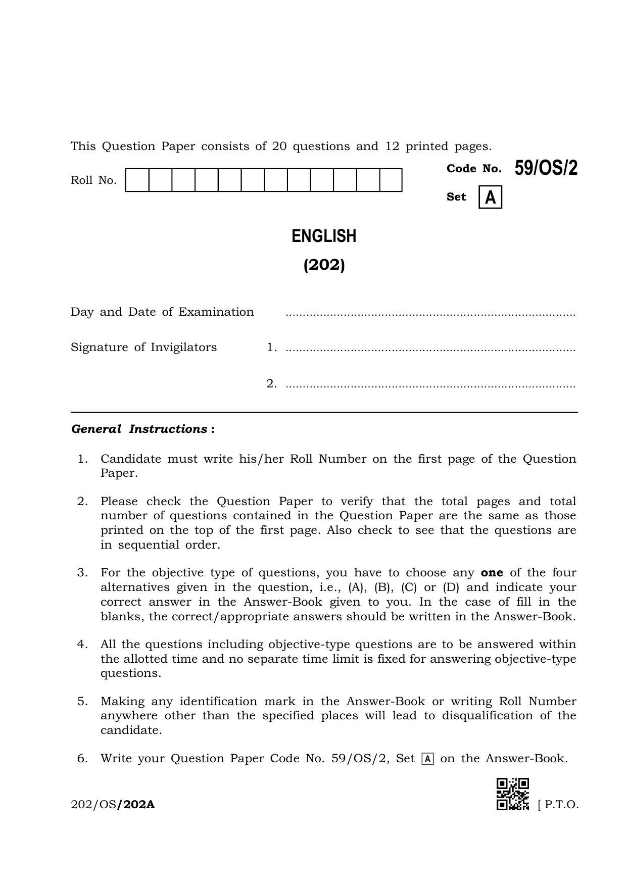 NIOS October 2019 Class 10 English (SET A) Question Paper - Page 1