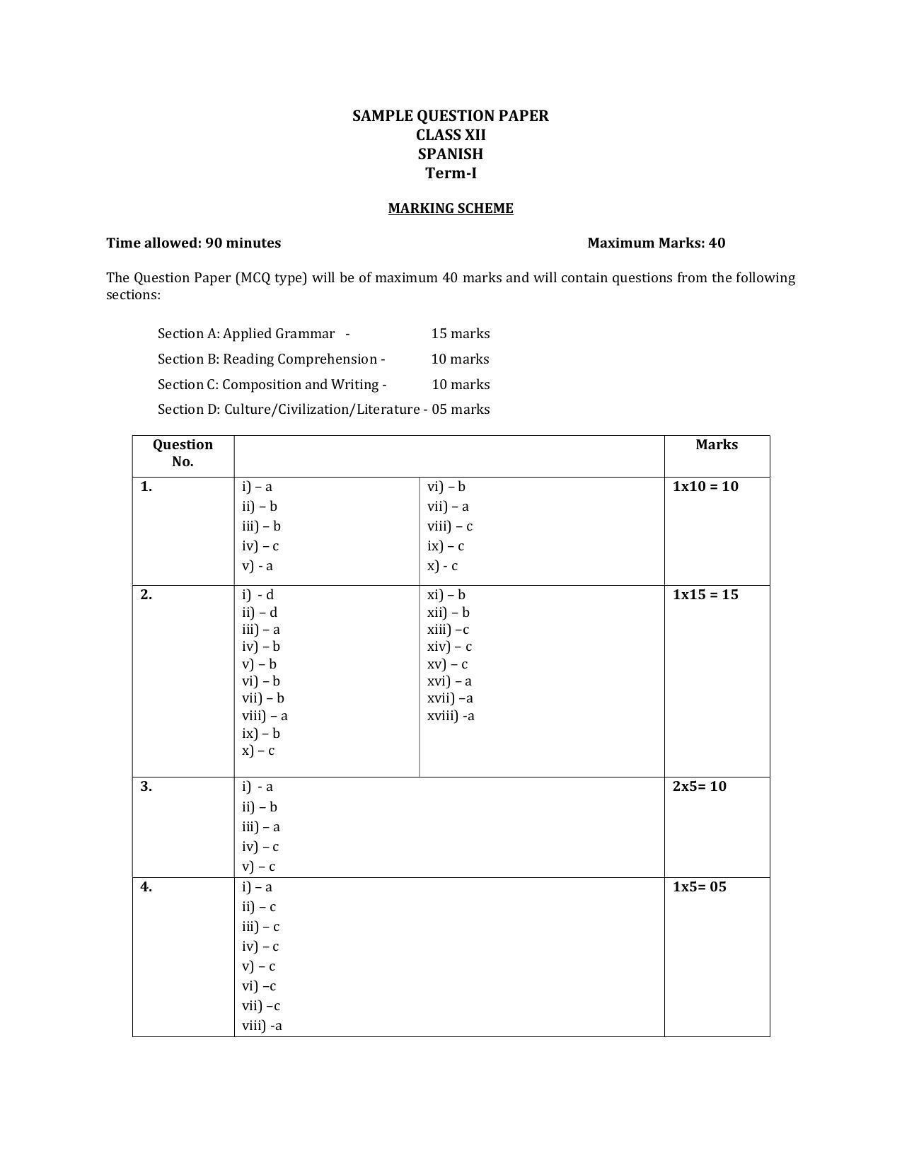 CBSE Class 12 Spanish Marking Scheme and Solutions 2021-22 - Page 1